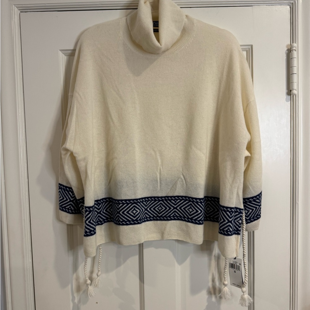 Polo by Ralph Lauren Cream Turtleneck Sweater with Navy Geometric Trim